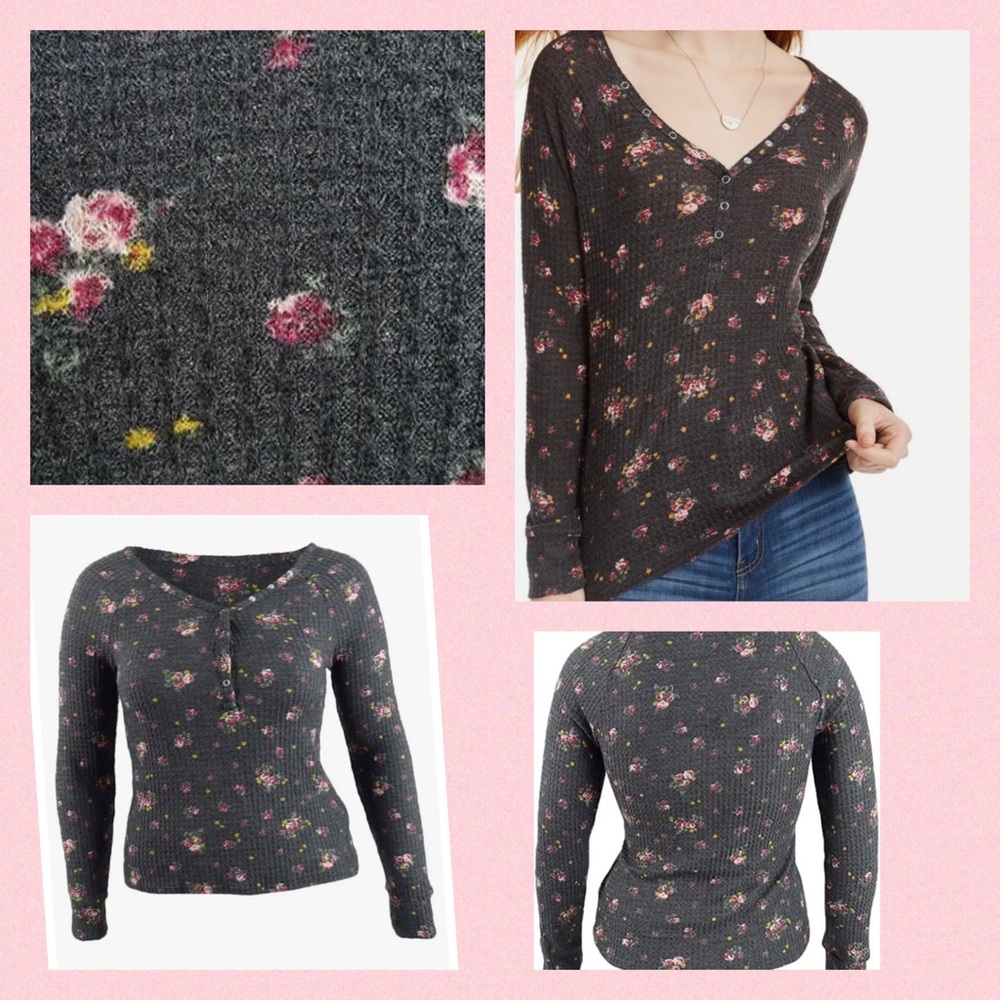 💐👚Ultra Flirt Juniors' Cozy Waffle-Knit Henley Top Black Long Sleeve Large 💐